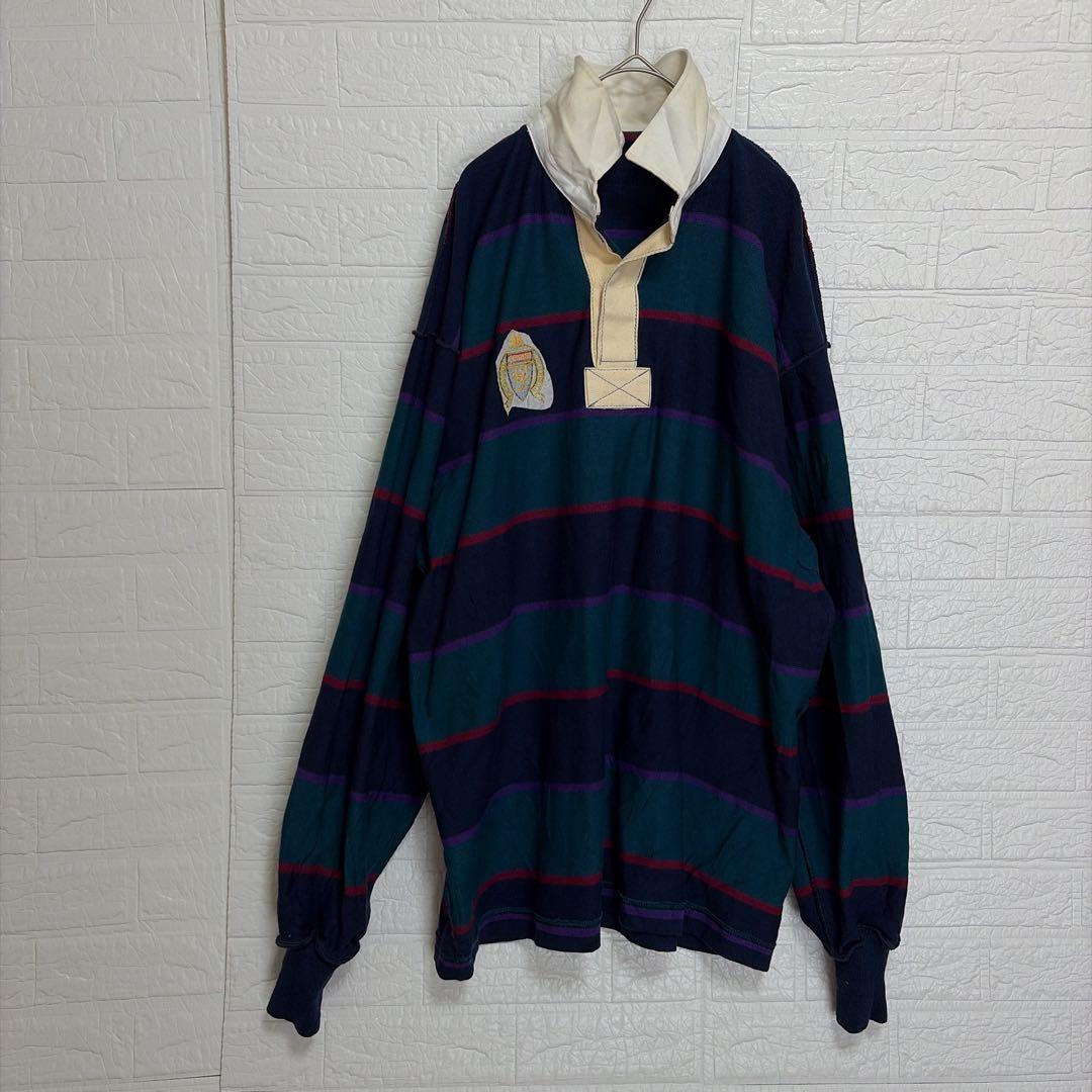 希少2XLT 90s BARBARIAN 厚手ラガーシャツ ボーダー 刺繍ロゴ