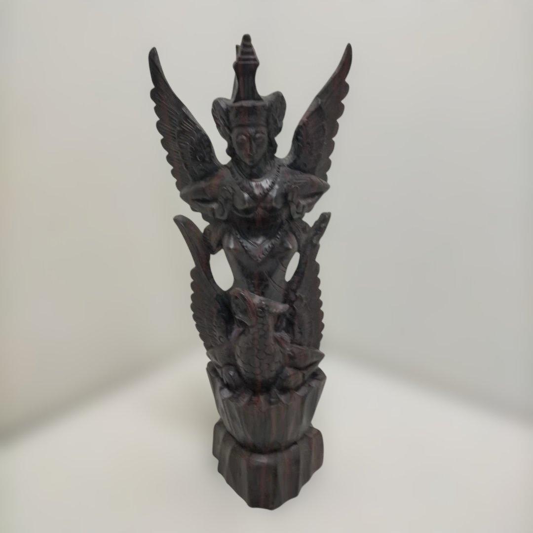 翼のある女神像 木彫り 置物 彫刻像 オブジェ アジアン 260115-3T