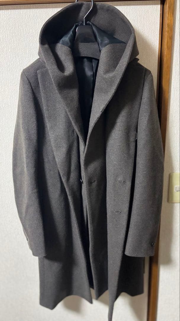 カシミア混ニットフラノ3レイヤー　フード付きチェスターコート