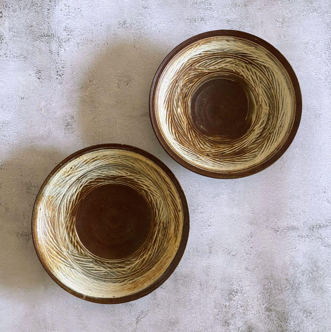 井上茂 彫三島皿 23cm 2枚セット 作家もの