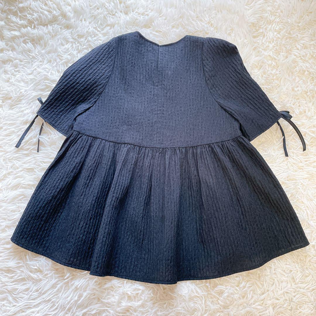 美品✨ヨリ フクレフレアブラウス　黒　36 洗える　リボン　ジャガード　ペプラム