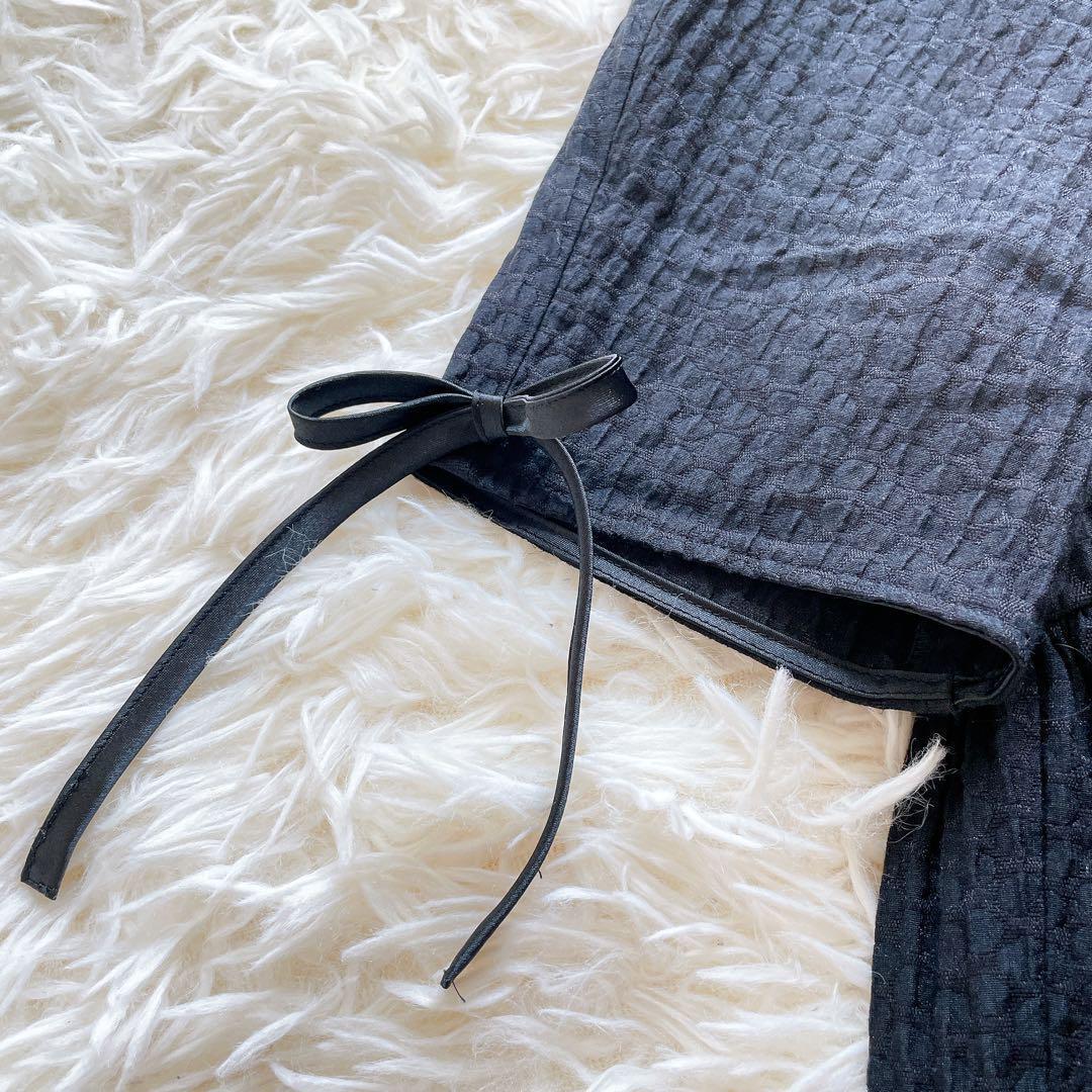 美品✨ヨリ フクレフレアブラウス　黒　36 洗える　リボン　ジャガード　ペプラム