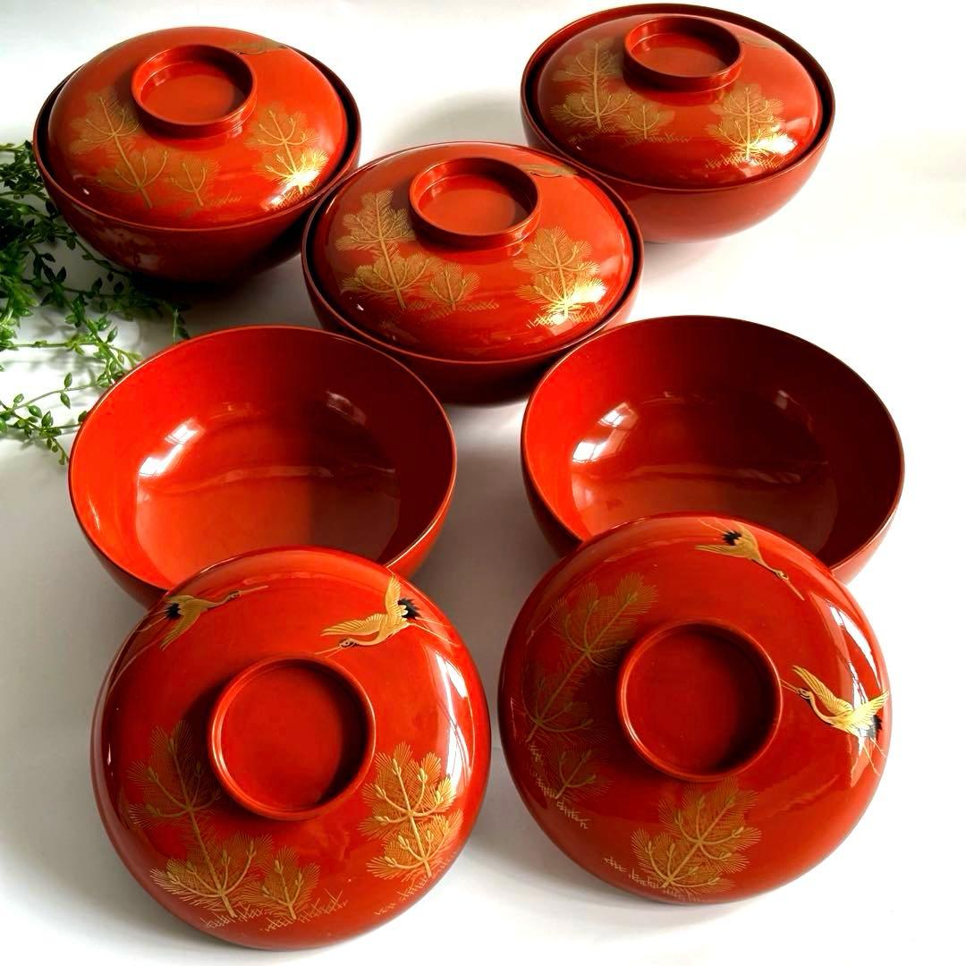 漆器 輪島塗　天然木製 金蒔絵　松と鶴の模様　縁起柄　煮物椀　吸い物椀　蓋付5客