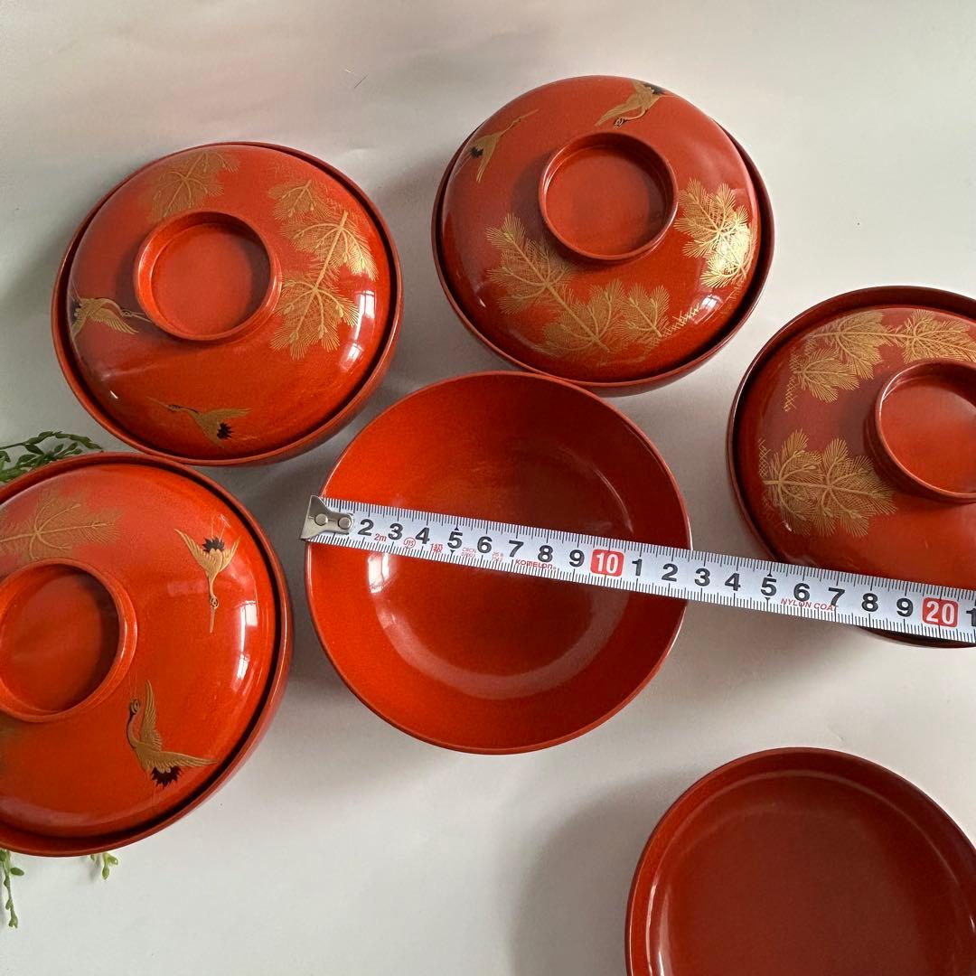 漆器 輪島塗　天然木製 金蒔絵　松と鶴の模様　縁起柄　煮物椀　吸い物椀　蓋付5客