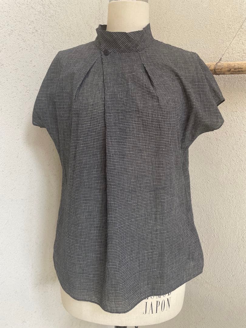 ヨーガンレール 半袖スタンドカラーシャツ ブラック・ホワイトチェック　綿100