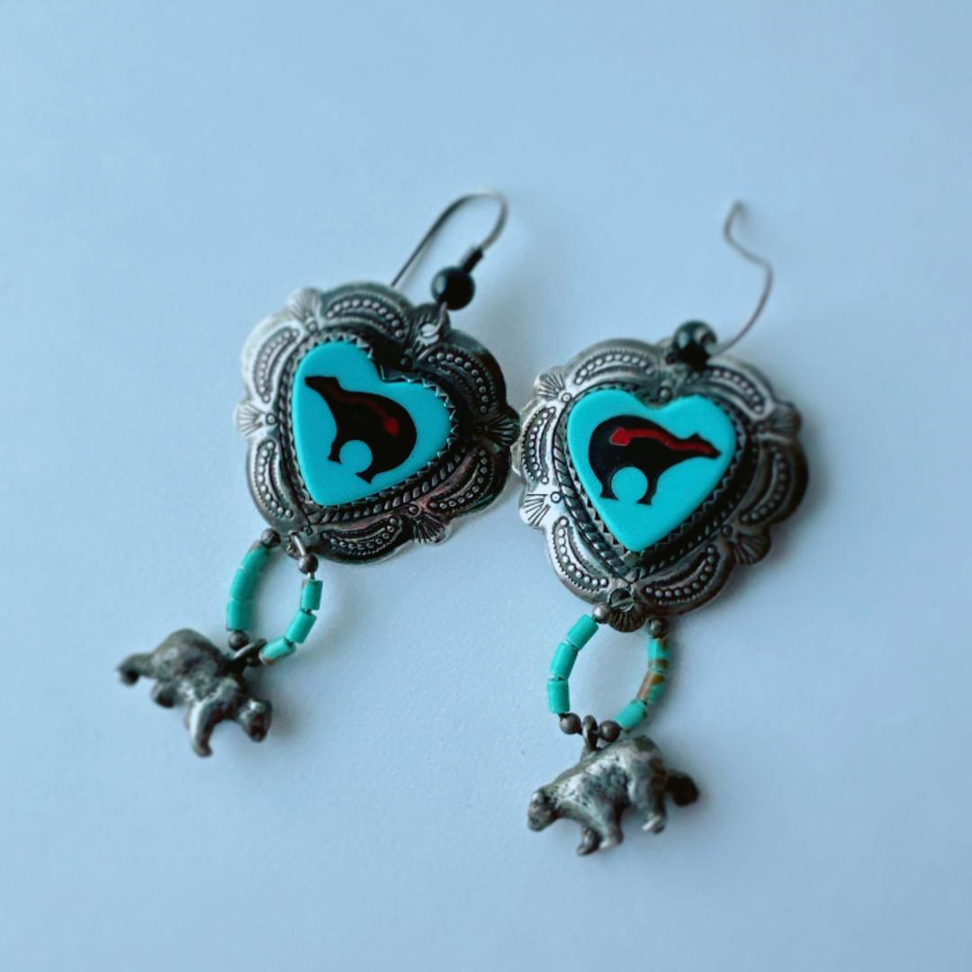 【J092】ヴィンテージ　ネイティブアメリカン　ターコイズ　ハート　ピアス