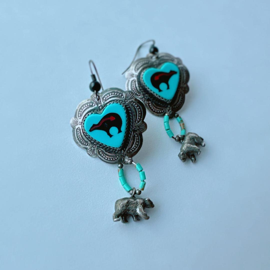 【J092】ヴィンテージ　ネイティブアメリカン　ターコイズ　ハート　ピアス