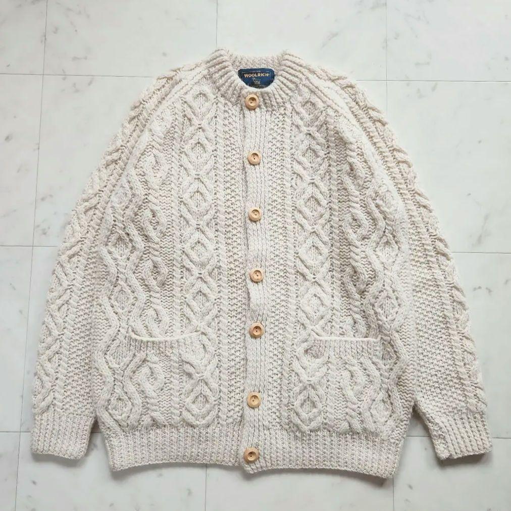 美品 ウールリッチ 厚手 カーディガン ケーブル編み ウール オフホワイトM