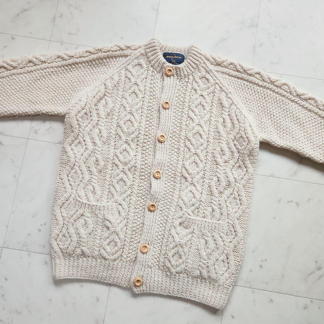 美品 ウールリッチ 厚手 カーディガン ケーブル編み ウール オフホワイトM