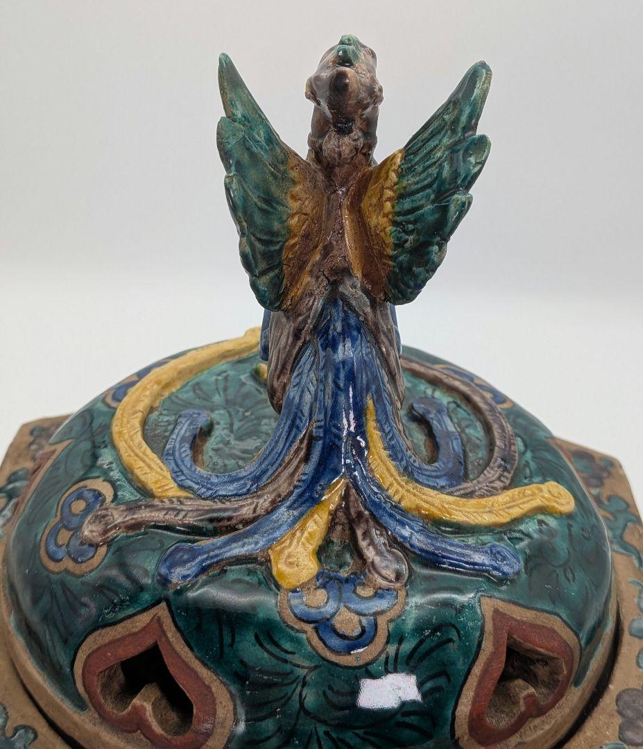 江戸期 古九谷 青手鳳凰摘三足香炉 合箱 角福 九谷焼 色絵窓絵 山水図人物花鳥