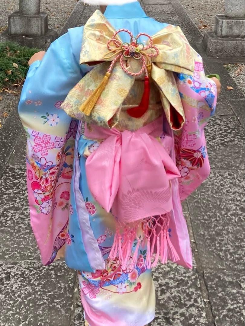 七五三着物 7歳 女の子 水色ピンク三色ぼかし染め金襴地友禅柄帯20点フルセット