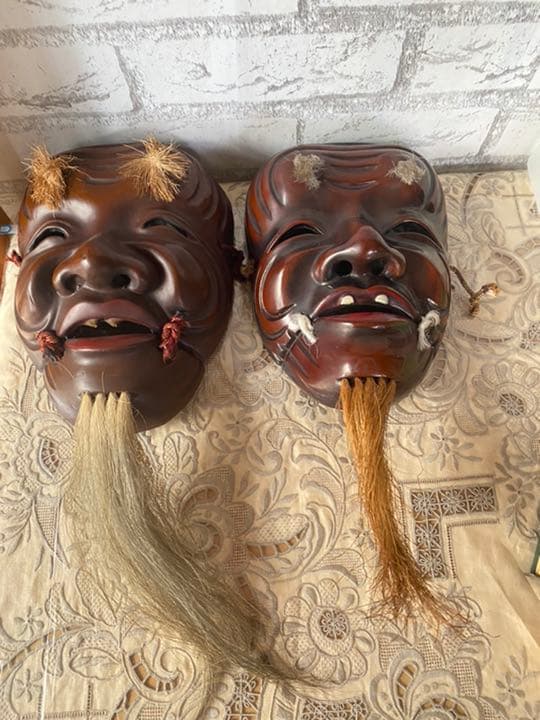 翁　お面　骨董　能面　神楽面 壁飾り 作者名彫りあり2枚