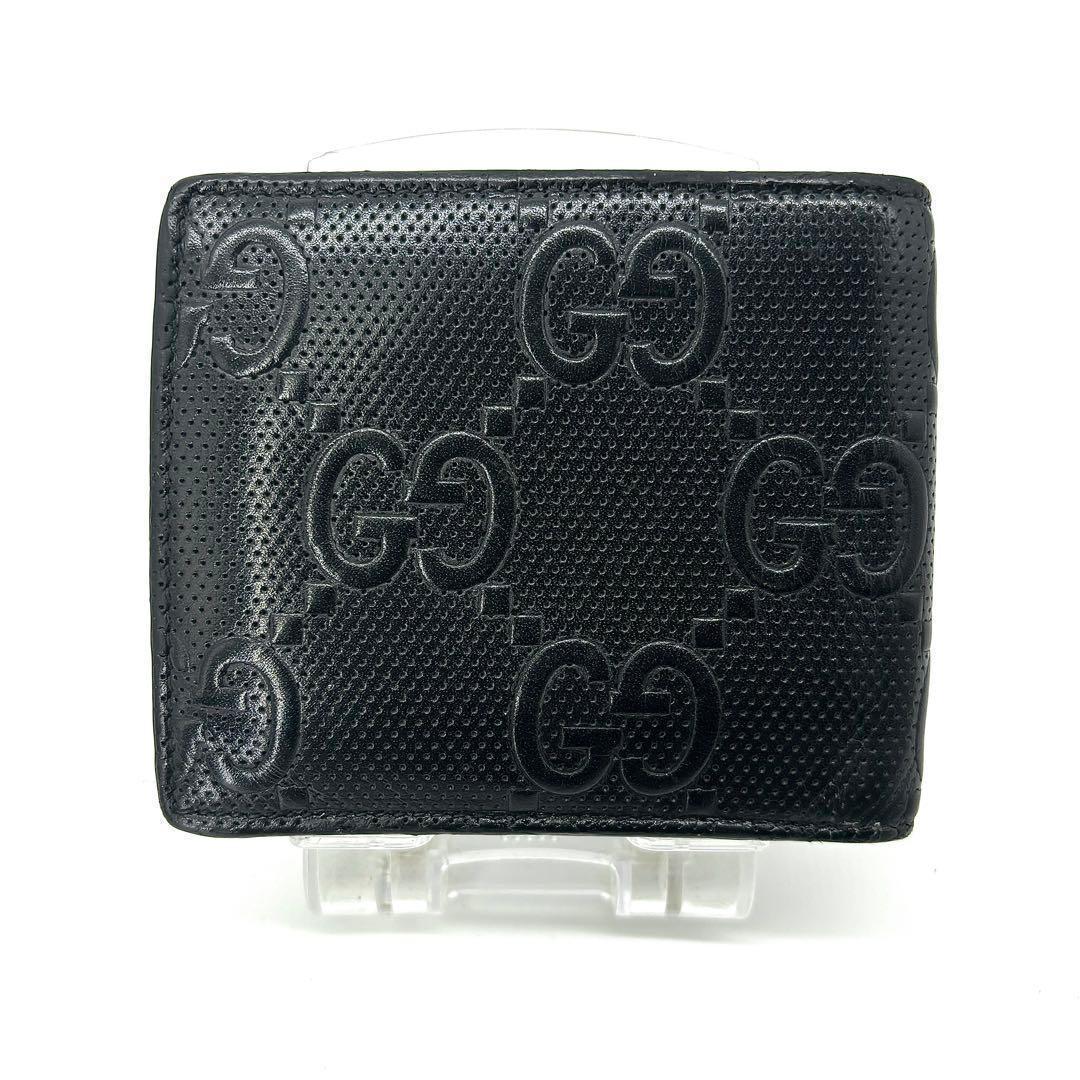 極美✨付属完備✨GUCCI 二つ折り財布 シマ柄 レザー PVC ブラック 現行