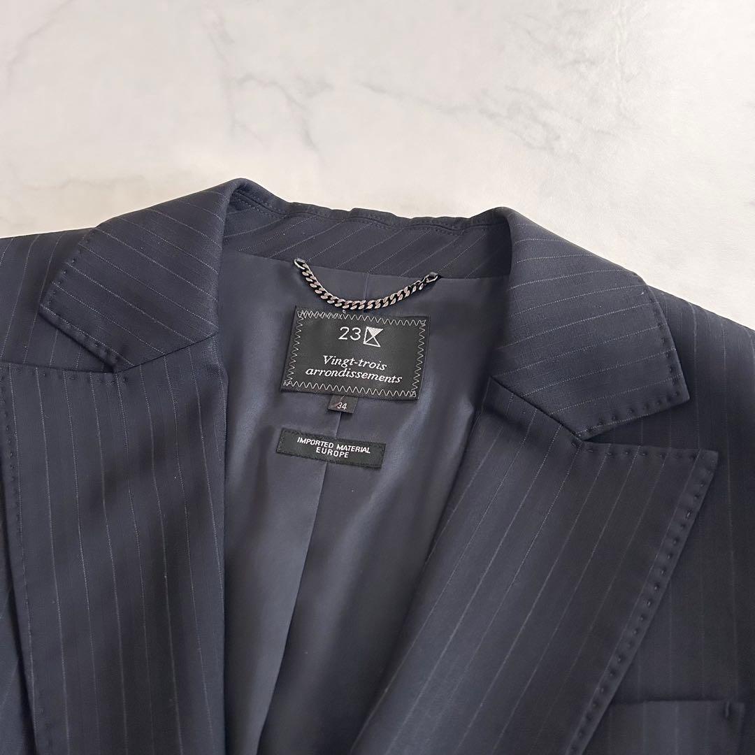 美品 23区 パンツスーツ セットアップ 濃紺 ストライプ 34 小さいサイズ