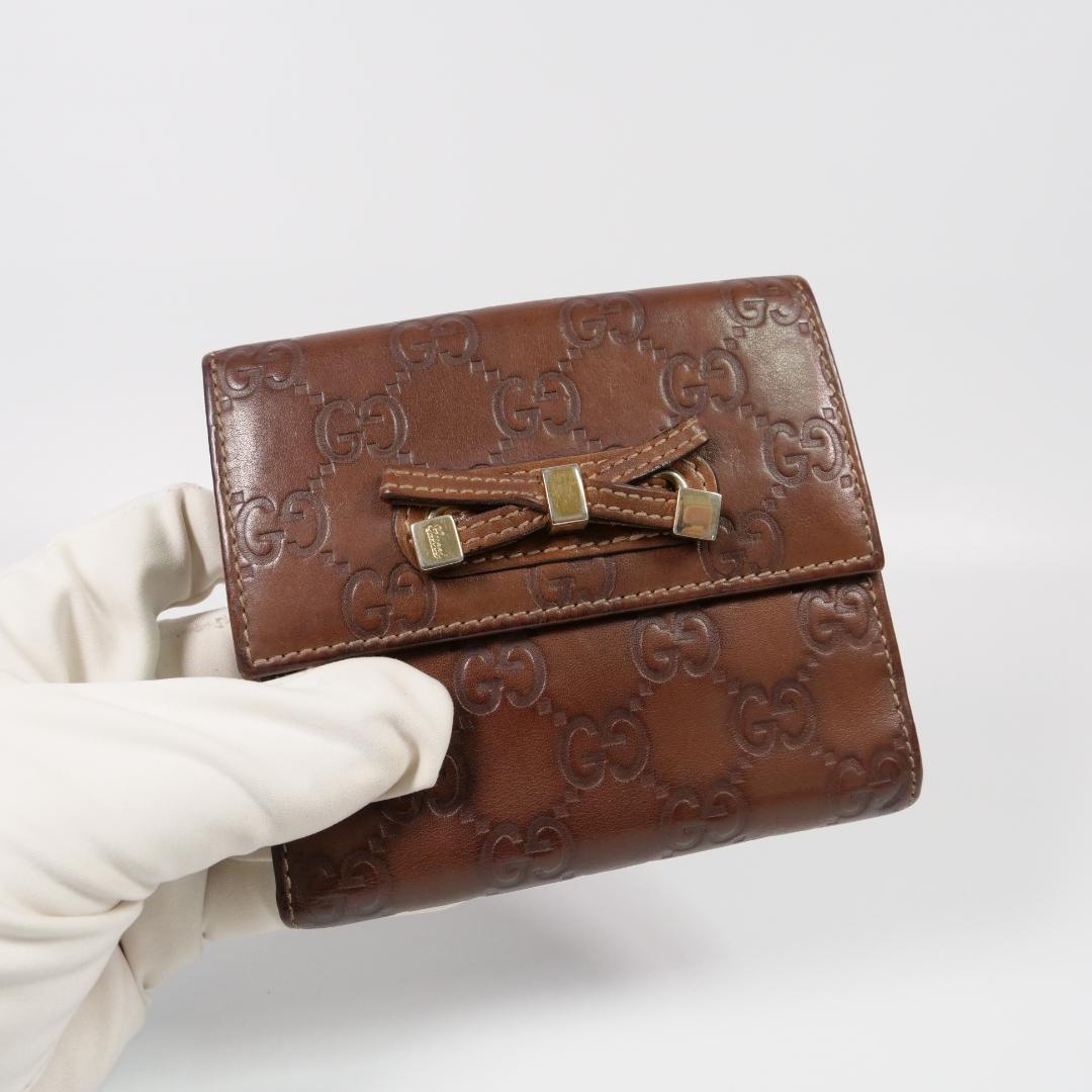 美品✨ GUCCI グッチ 二つ折り財布 シマ リボン ブラウン