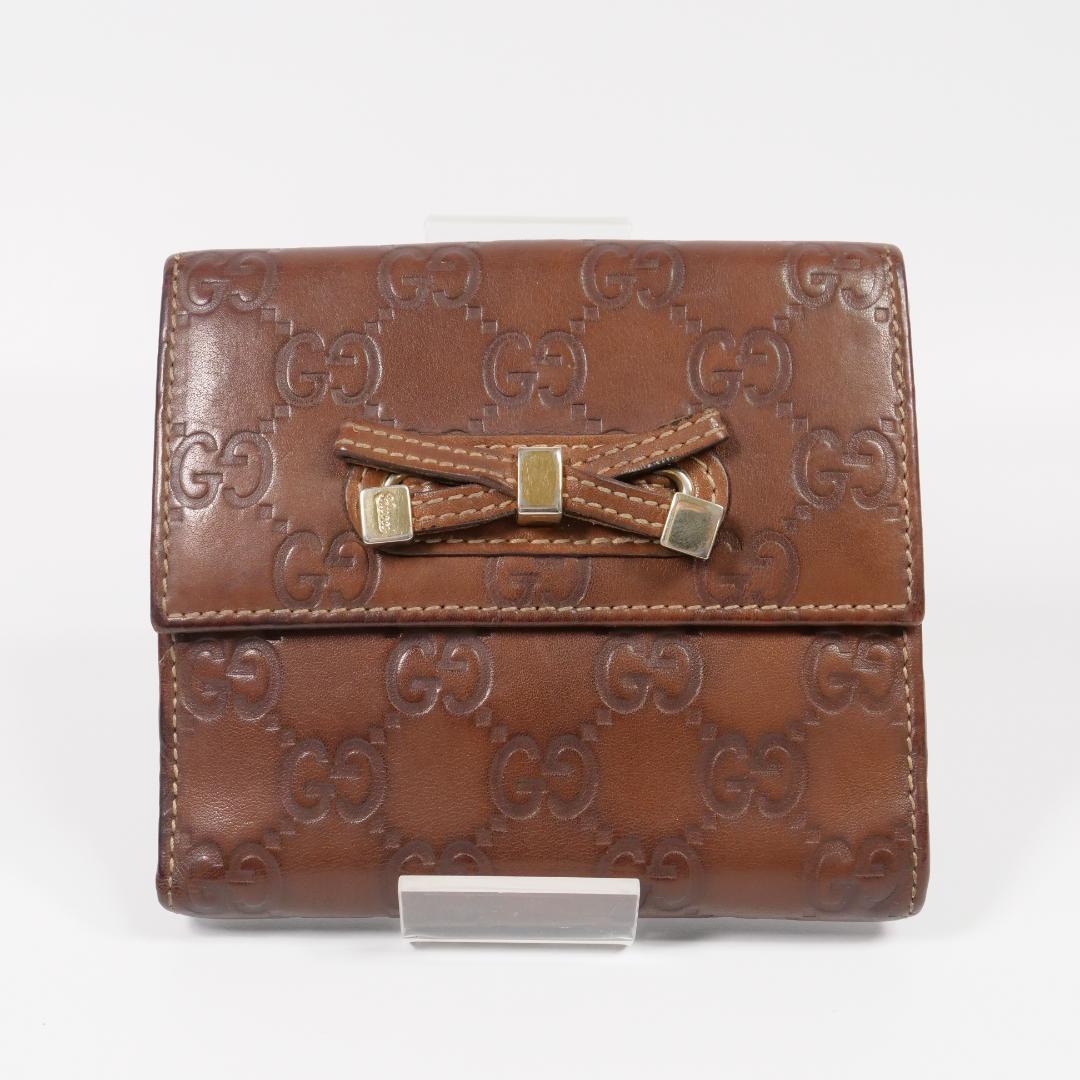美品✨ GUCCI グッチ 二つ折り財布 シマ リボン ブラウン