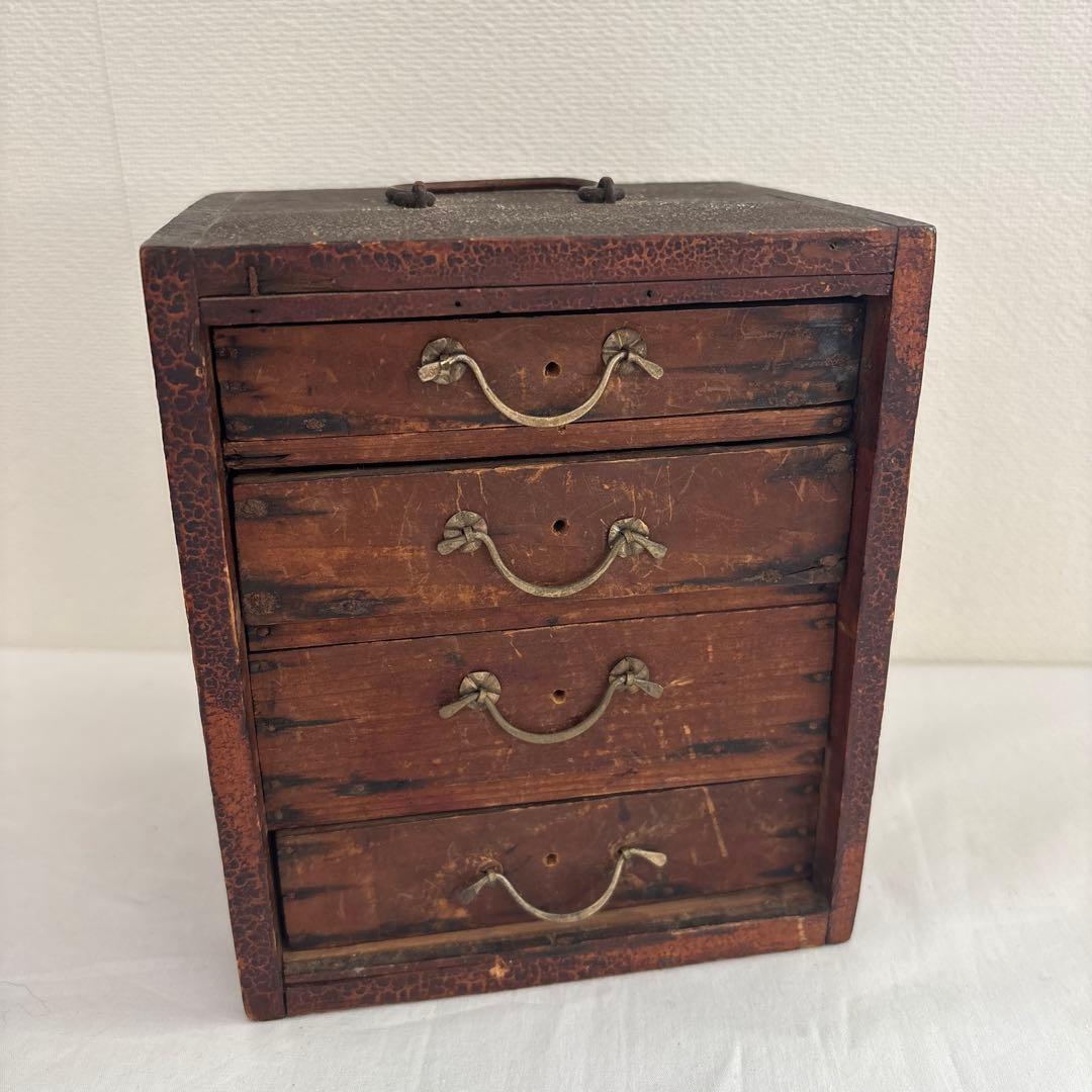 昭和レトロ 木製小引き出し 4段 持ち手付き 古道具 裁縫箱風 ヴィンテージ