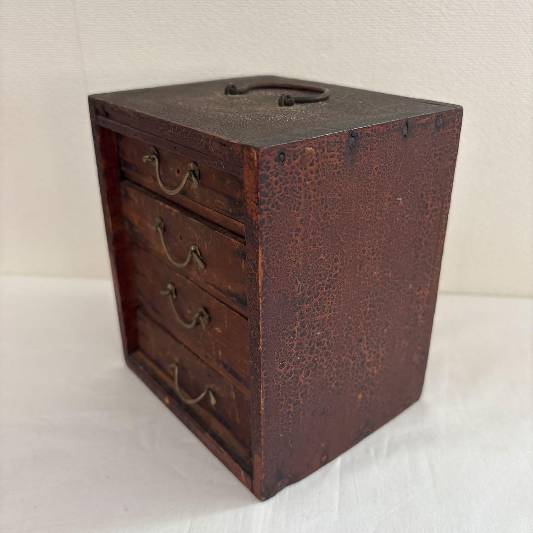 昭和レトロ 木製小引き出し 4段 持ち手付き 古道具 裁縫箱風 ヴィンテージ