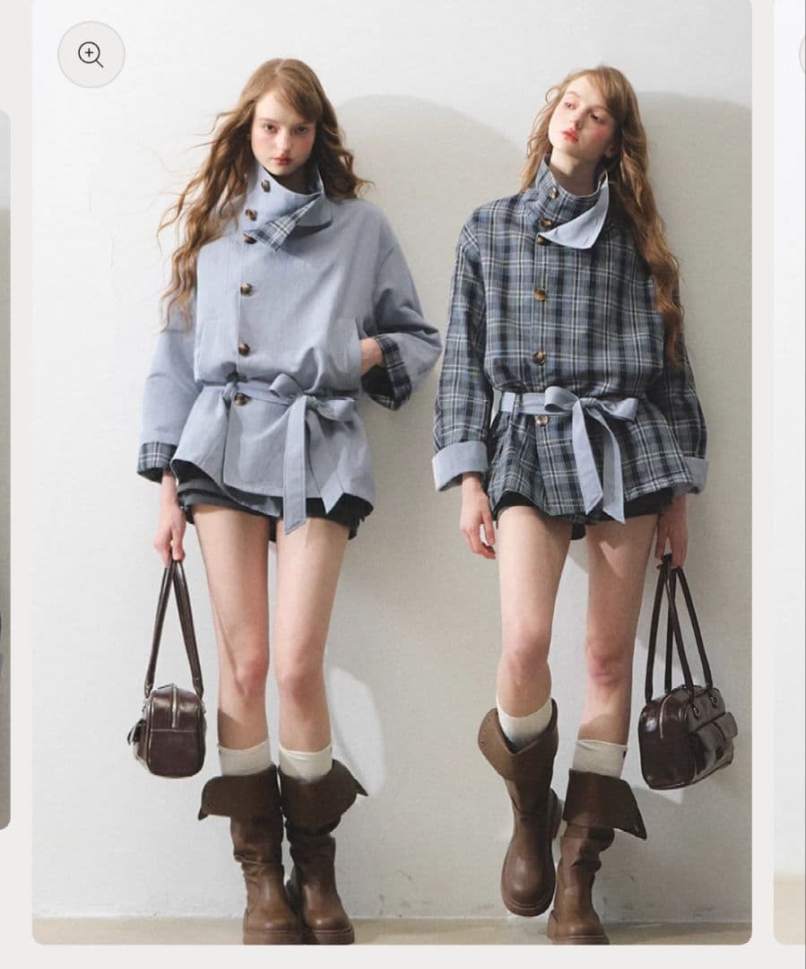 Ria リバーシブルブルーコート アウター チェック 韓国系