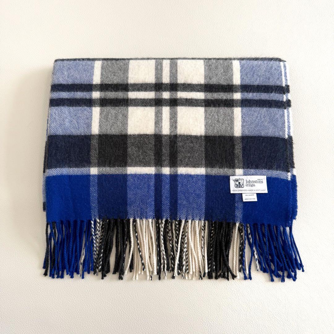 美品　ジョンストンズ　大判　ストール　マフラー　カシミヤ　ブルー　チェック