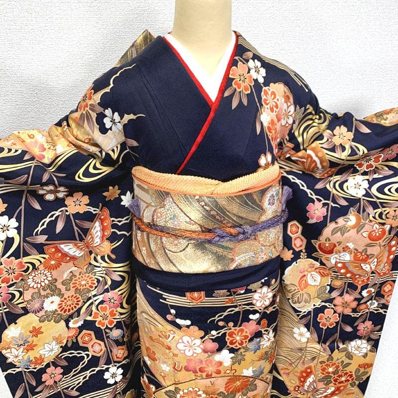 511z40,510u18,411y5,小物類〇振袖 金彩 金駒刺繍 濃紺色