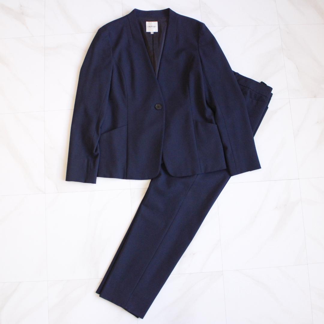 INDIVI ノーカラー セットアップスーツ Lサイズ ネイビー パンツ