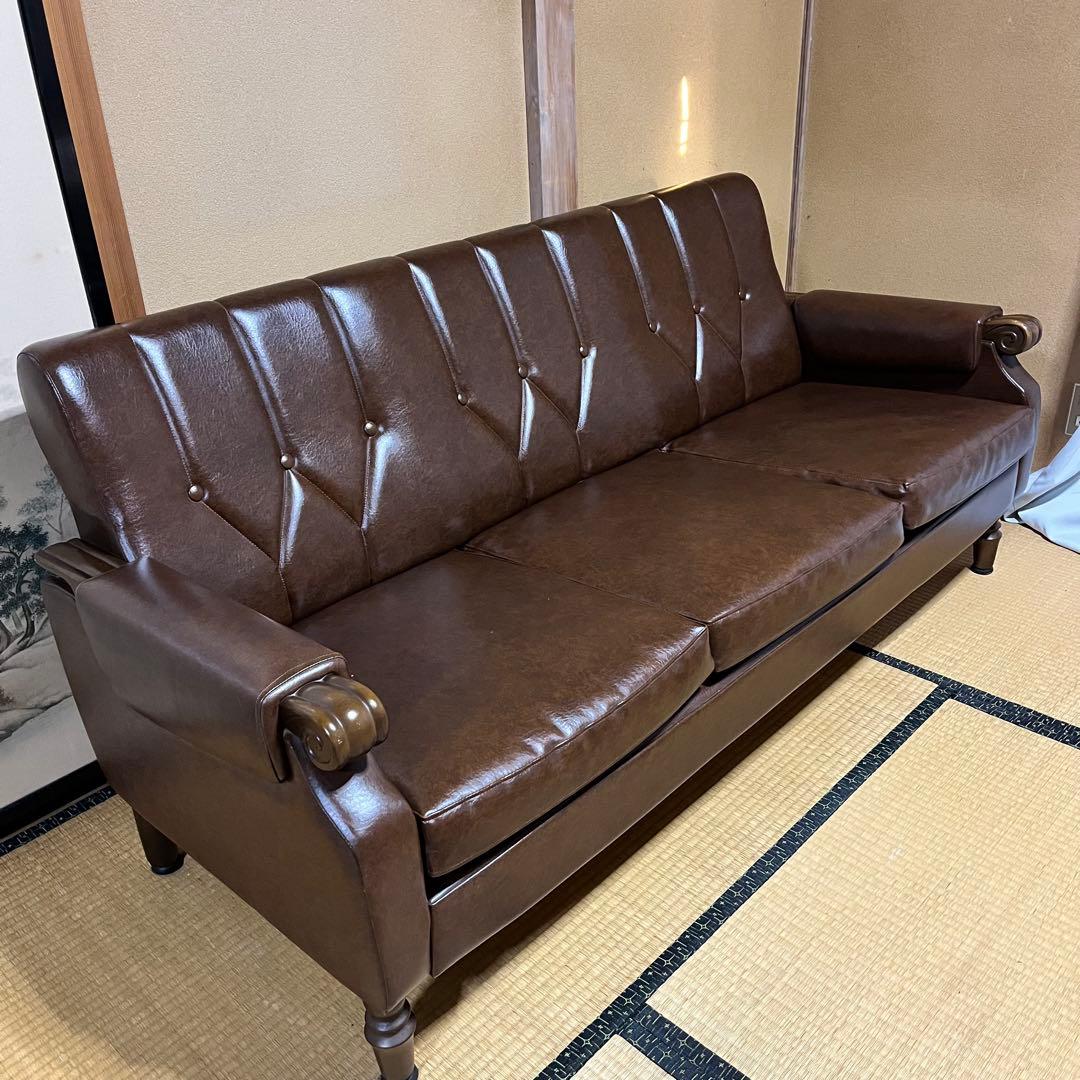 2/15まで！　昭和レトロ　ブラウン　合皮3人掛けソファー