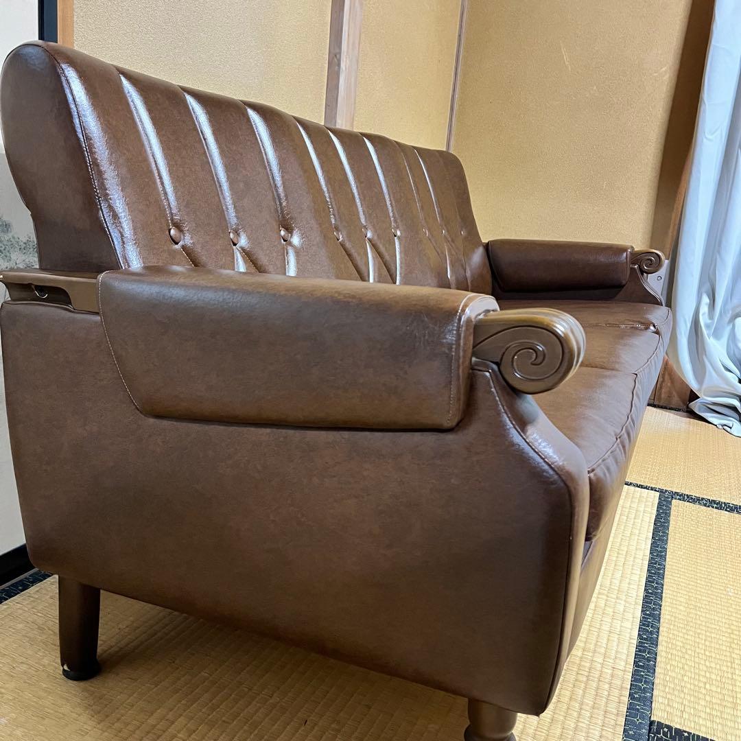 2/15まで！　昭和レトロ　ブラウン　合皮3人掛けソファー