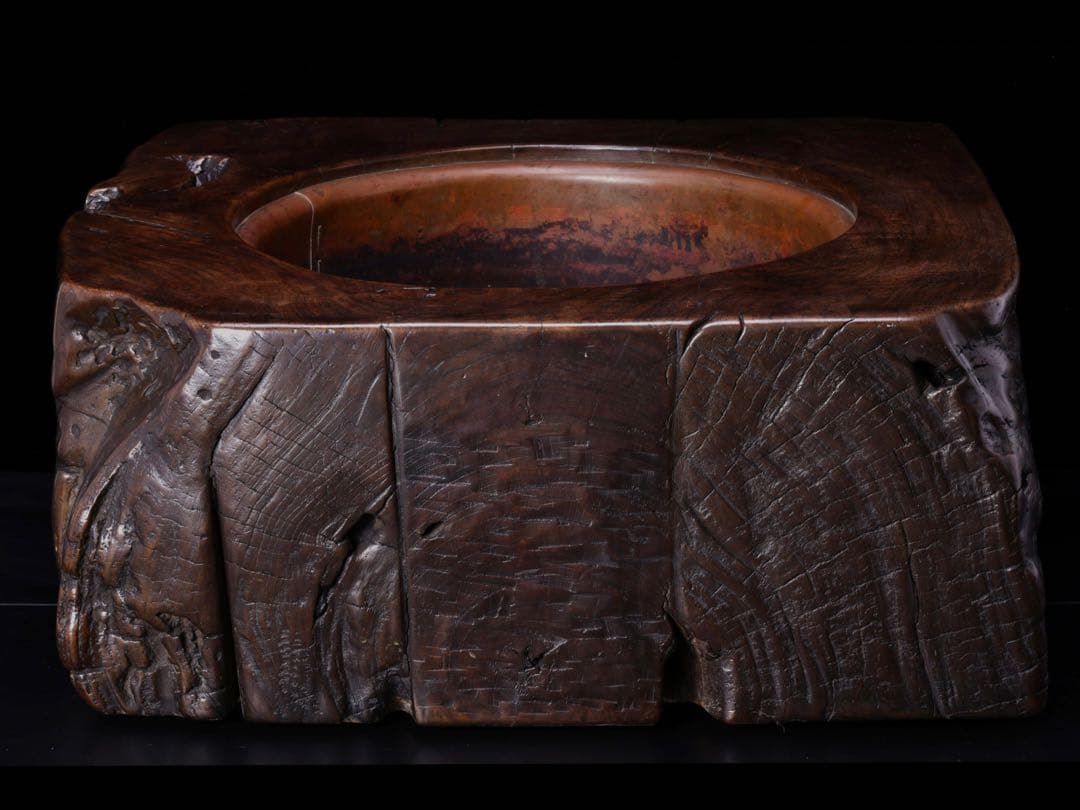 時代物 天然木 刳貫 火鉢 瓶掛 特大 幅62㎝ 銘木 木製火鉢 囲炉裏 茶道具