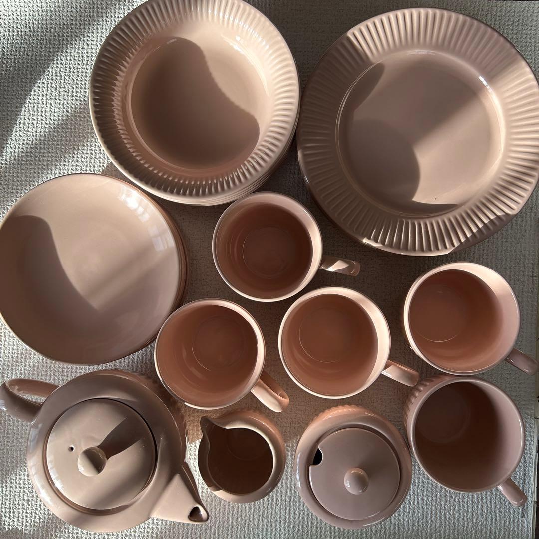 サーモンピンク陶器プレートセット　5客揃い　未使用