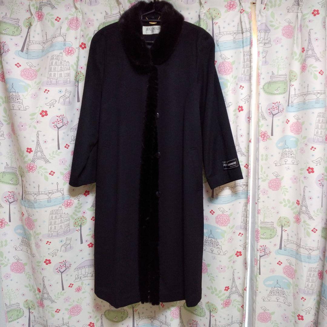 BALMAIN 黒 ロングコート カシミヤ100%フォックスファー襟