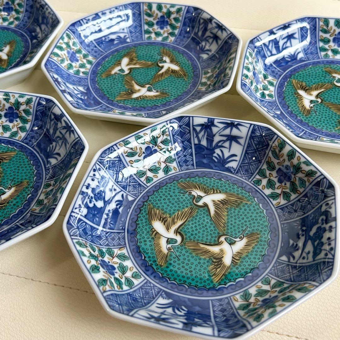 九谷焼　青郊窯　中皿揃　5枚セット　八角皿　染付花鳥　深皿　取り皿　和食器　青手