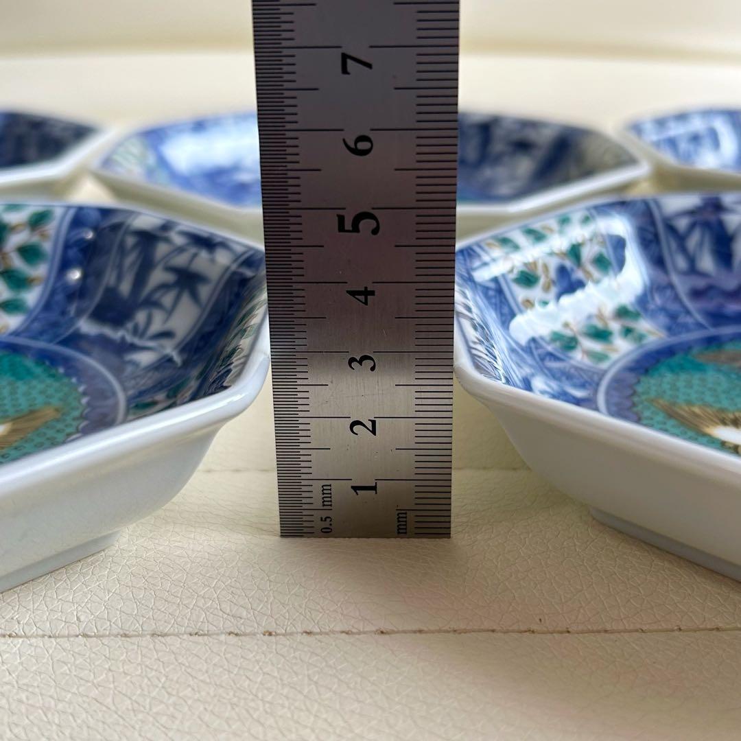 九谷焼　青郊窯　中皿揃　5枚セット　八角皿　染付花鳥　深皿　取り皿　和食器　青手