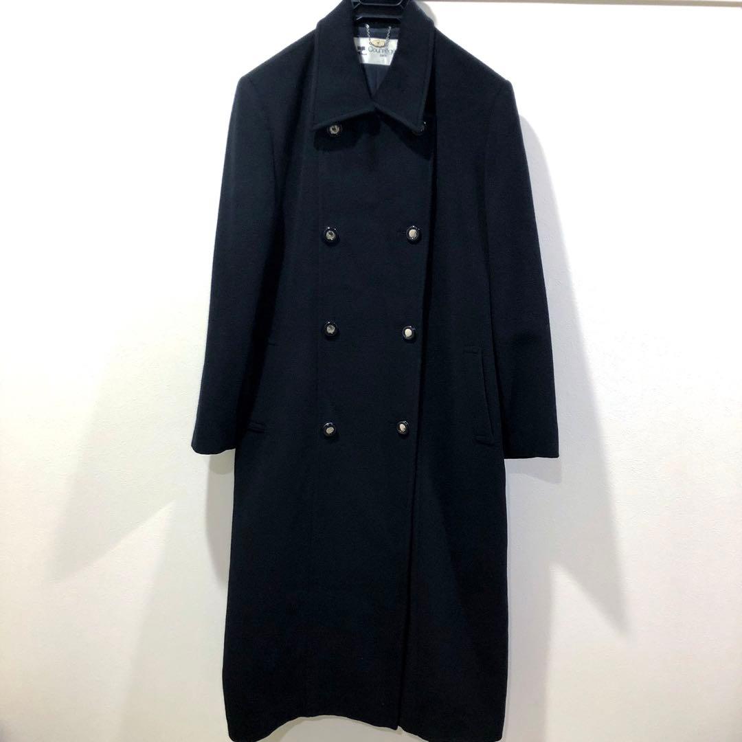Courreges クレージュ 黒 ロングコート カシミヤ混 ダブルボタン