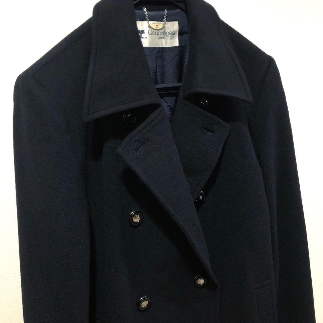 Courreges クレージュ 黒 ロングコート カシミヤ混 ダブルボタン