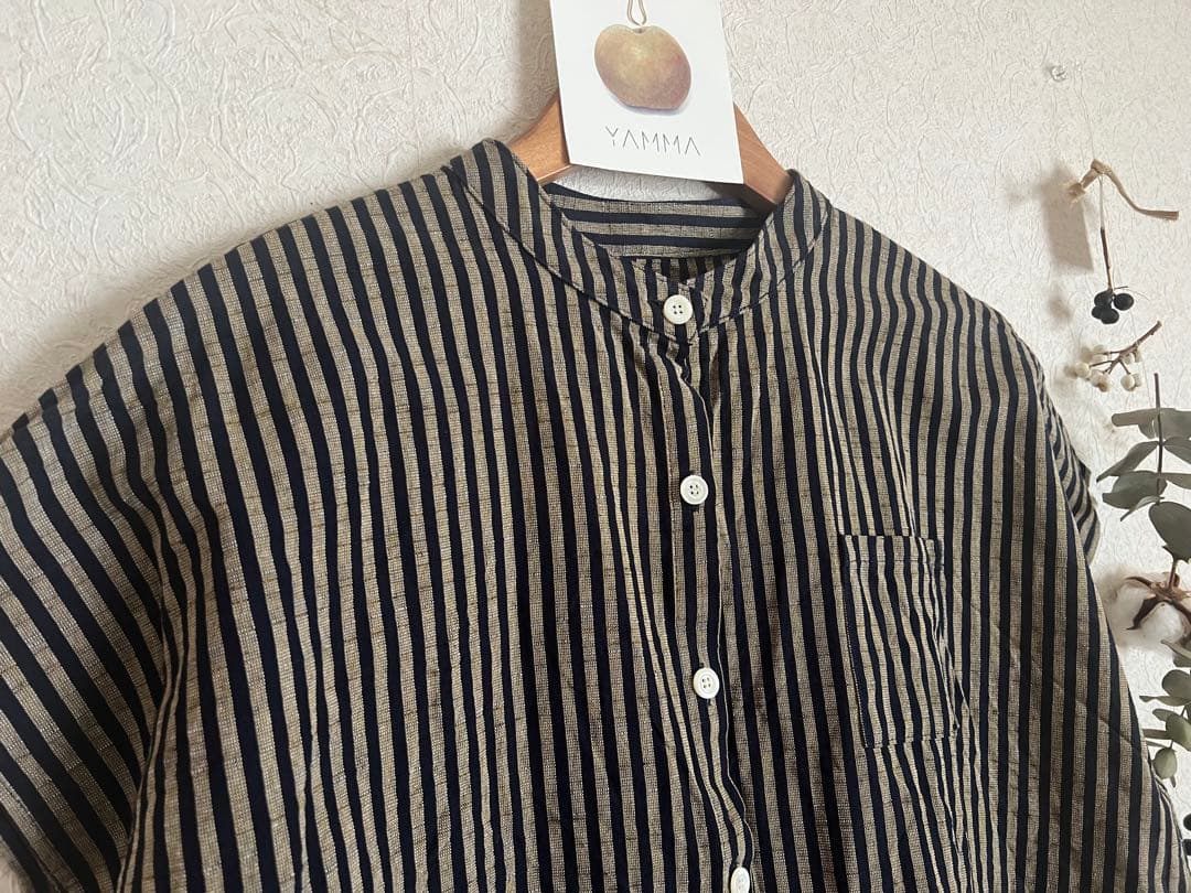 ＊新品＊ヤンマ産業　会津木綿　スタンドカラーシャツ 袖なし　プラス丈　棒縞