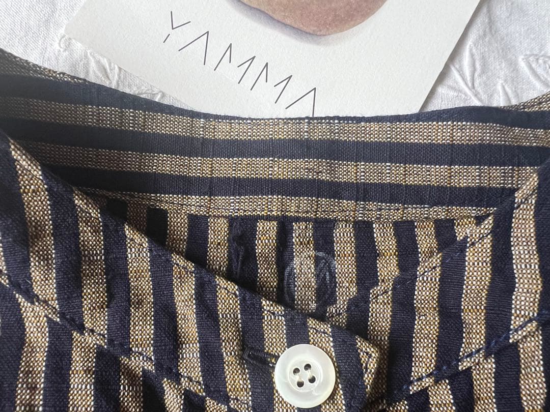 ＊新品＊ヤンマ産業　会津木綿　スタンドカラーシャツ 袖なし　プラス丈　棒縞