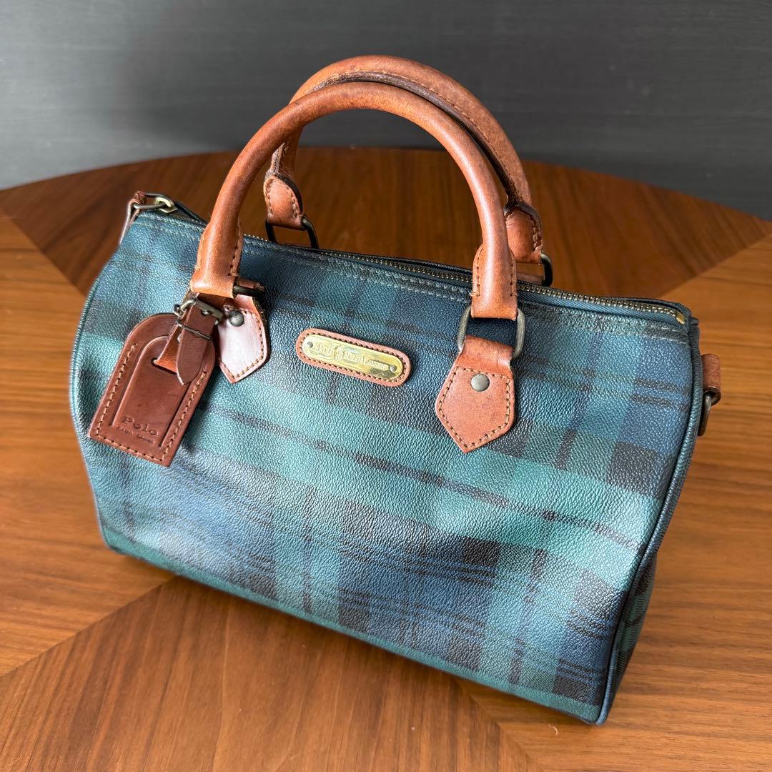 ポロラルフローレン PVCレザータグ付き ミニボストンバッグ チェック グリーン