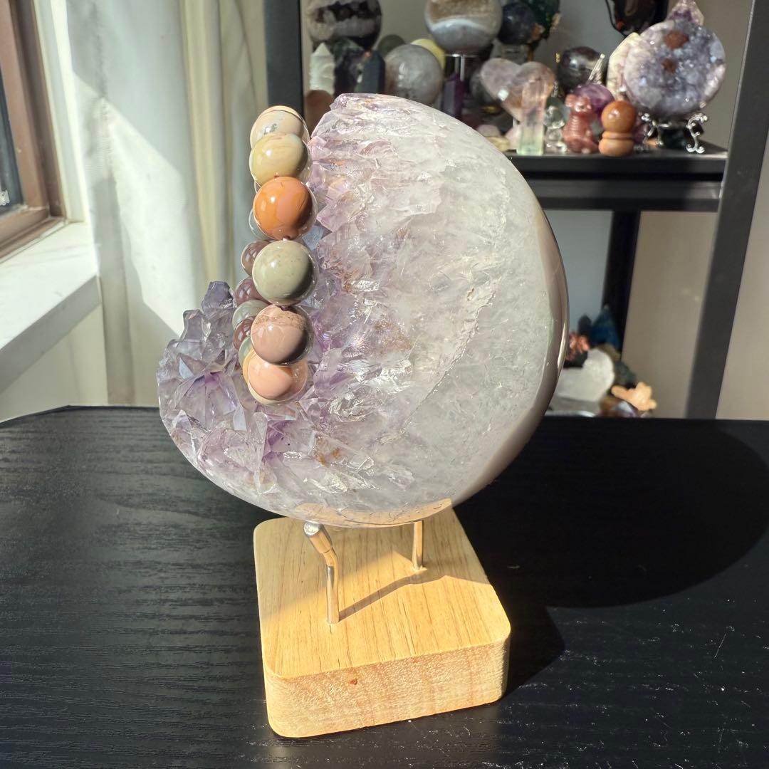 天然石タイチンルチルクォーツ共生アメジストの笑い口　置物　NO.100911