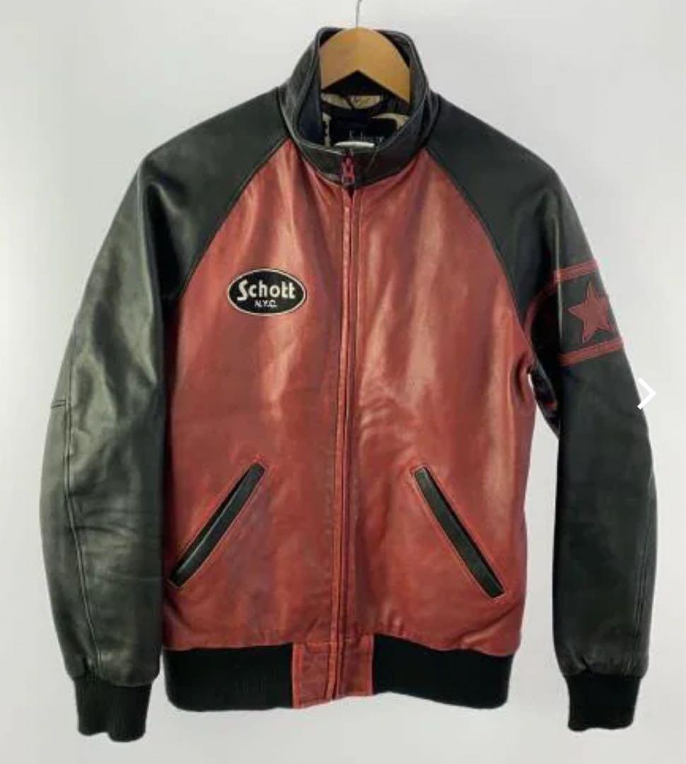 【Schott】羊革 シングル ライダース 裏地総柄 バイカラー sizeM