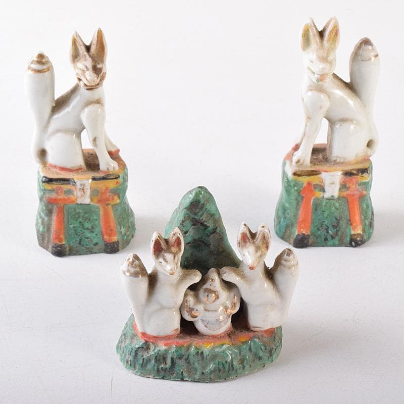 陶器製　色絵金彩　お稲荷さん　狐　3点まとめて　M　R8078