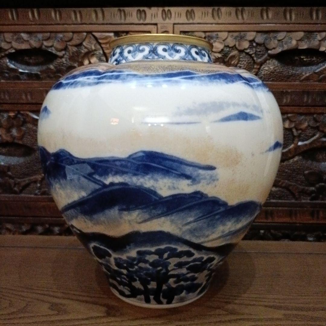 お値下げ◆藍九谷◆純金加彩手◆吉祥文花瓶◆山本長左オリジナル◆◆黎明◆◆