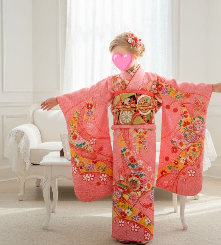 赤の鹿の子模様の着物に作り帯フルセット☆七五三７歳