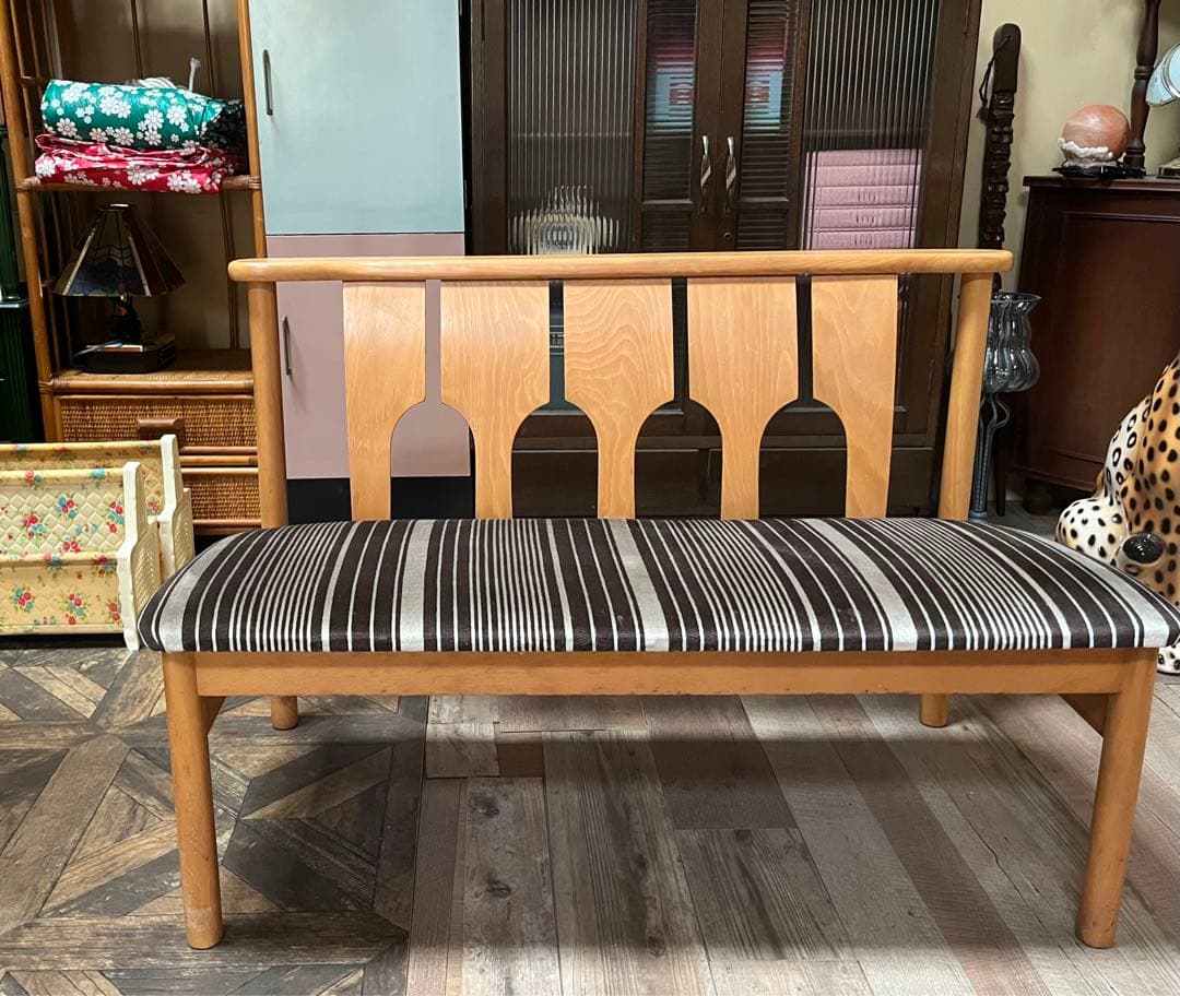 長椅子 ベンチ ソファ 昭和レトロ 当時物 インテリア アンティーク ストライプ