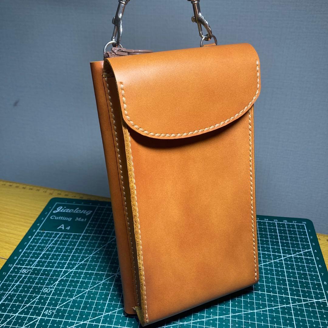 ハンドメイド　レザー スマホ入れ付き財布 キャメル
