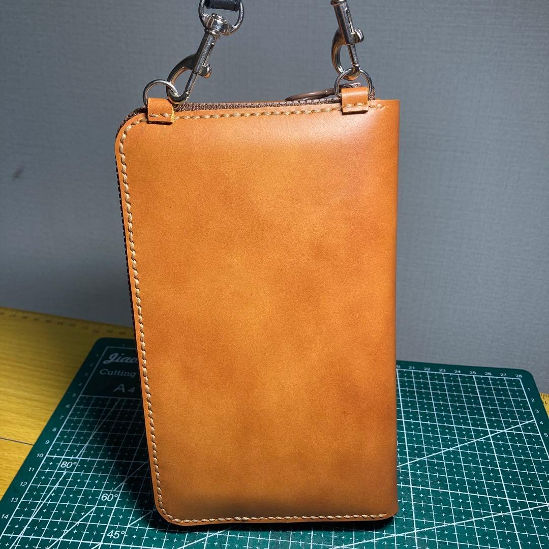 ハンドメイド　レザー スマホ入れ付き財布 キャメル
