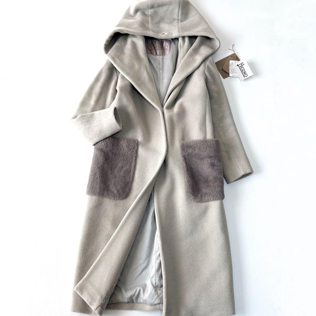 タグ付き＊HERNO ヘルノ アンゴラ フーデッドロングコート ファー タグ付き