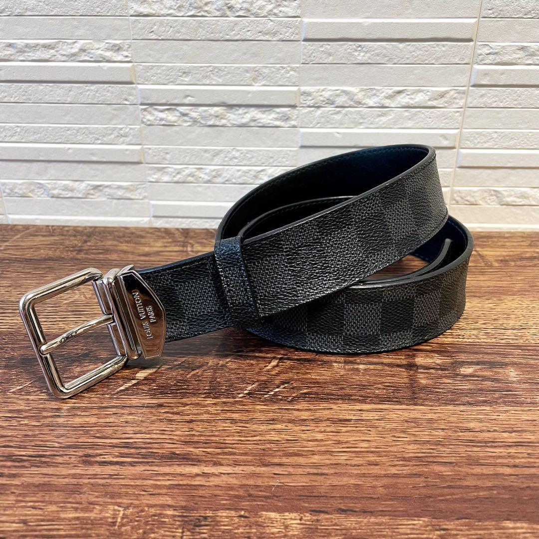 ルイヴィトン ダミエ レザー サンチュール ベルト シルバー金具 ブラック.