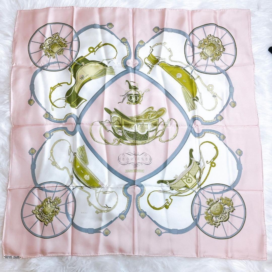 エルメス カレ90 スプリングス シルク100% ピンク　マルチカラー スカーフ