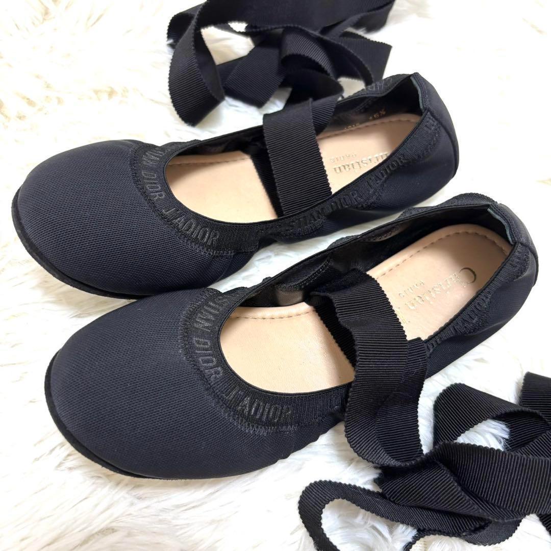 【新品同様】ディオール 　ロゴデザイン　リボン バレエ シューズ ブラック